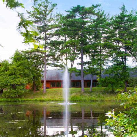 Gusher Nozzle Beside A Rustic Lodge And Surrounded By Green Trees