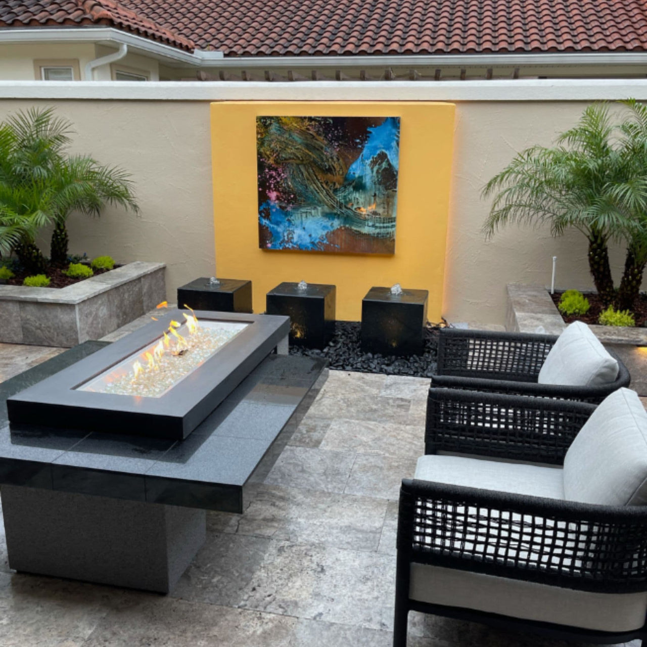 Heiho Basalt Stone Outdoor Fountain With Modern Patio Fire Pit