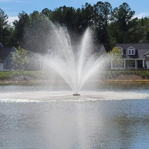 Hydro Torque Series Floating Lake Fountain With Houses And Tree Line Background