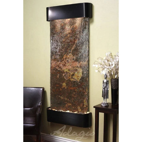 Inspiration Falls Wall Mounted Fountain Neutral Accent Backdrop With Chocolate Brown Chair and Buddha Statue