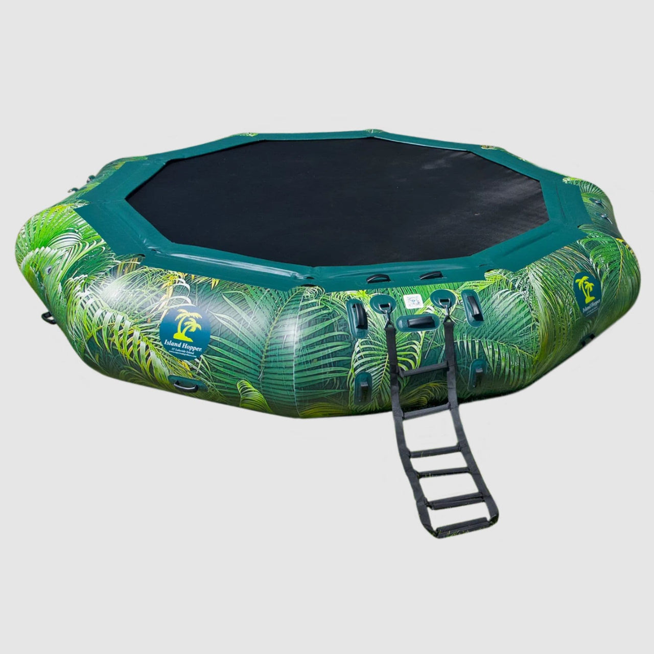 Island 15 Inflatable Water Bouncer Close-up Showing The Ladder. D-ring, Handles, Pattern And Black Mat