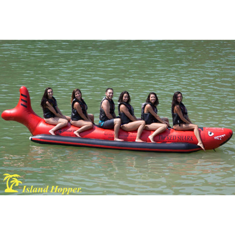 Island 6 Person Red Shark Banana Boat With Six Smiling People Ready For Banana Boating
