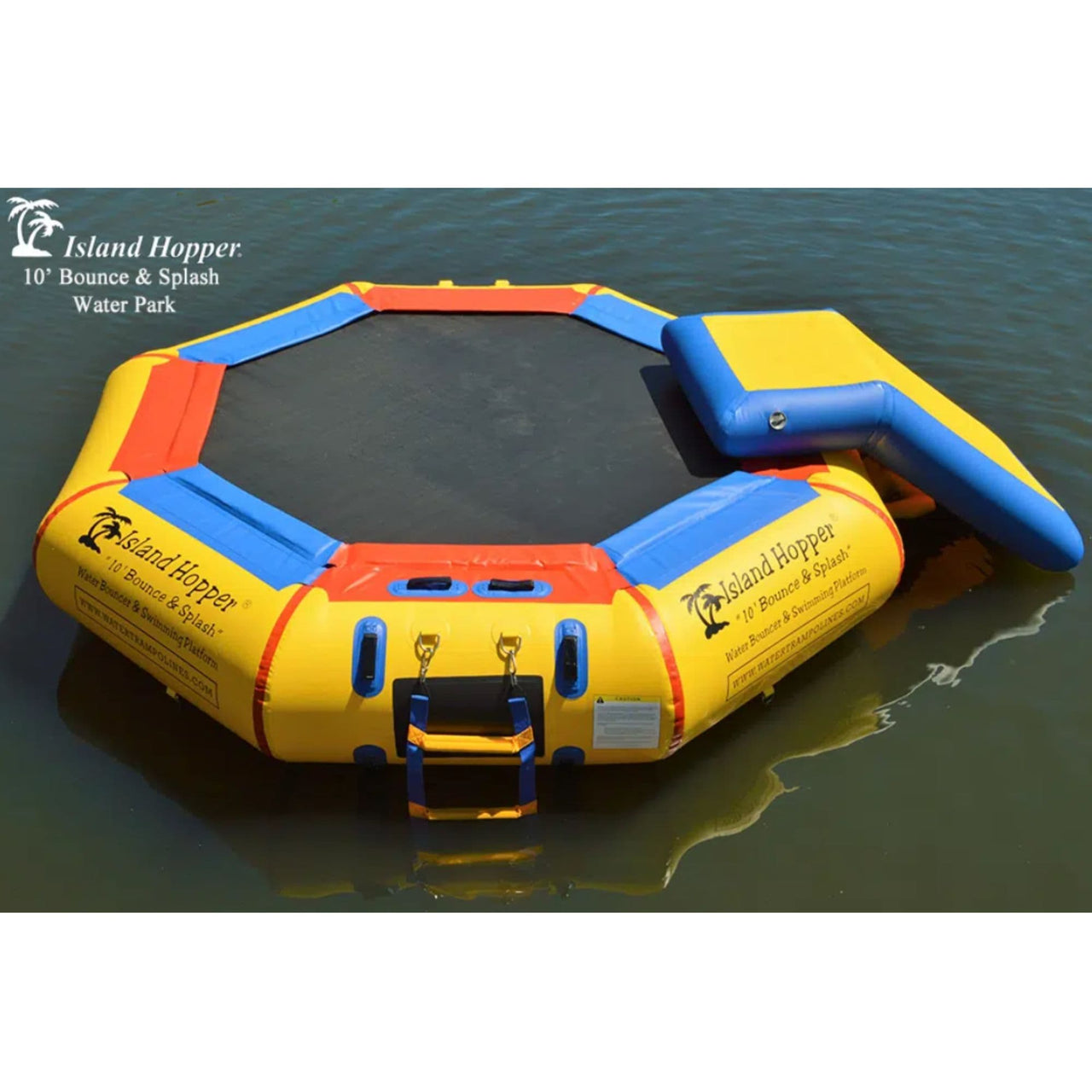 Island Hopper 10 Bounce and Splash Water Park w Slide Front View Showing The Ladder, D-rings, Slide And Black Mat