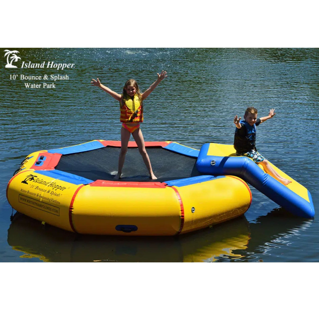 Island Hopper 10 Bounce and Splash Water Park w Slide Two Kids Raise Their Hand And Having Fun