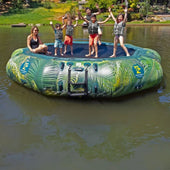 Island Hopper 15 Inflatable Water Bouncer With A Mother And Five Kids Having Fun While Raising Their Hands On Calm Lake