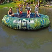 Island Hopper 15 Inflatable Water Bouncer With A Mother And Five Kids Having Fun While Raising Their Hands On Calm Lake