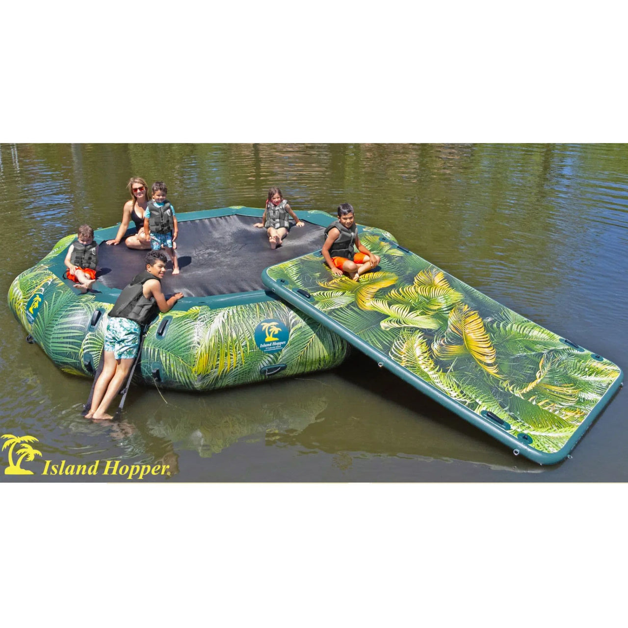 Island Hopper 15 Lakeside Water Bouncer With A Mother And Her Five Kids Sitting On The Bouncer While Having Fun