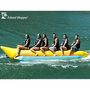 Island Hopper Elite Class 6 Person Banana Boat With Six Smiling People Ready For Banana Boating