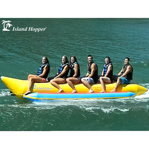 Island Hopper Elite Class 6 Person Banana Boat With Six Smiling People Ready For Banana Boating