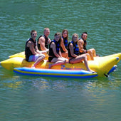 Island Hopper Elite Class 6 Person Side By Side Banana Boat With Six People Smiling On A Fun Ride