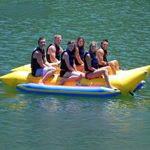 Island Hopper Elite Class 6 Person Side By Side Banana Boat With Six People Smiling On A Fun Ride
