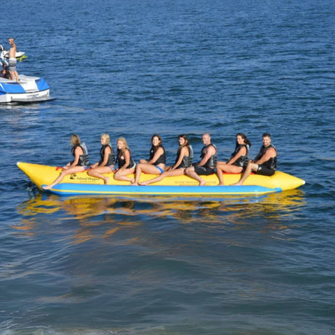 Island Hopper Elite Class 8 Person Banana Boat With Eight Smiling People Ready For Banana Boating