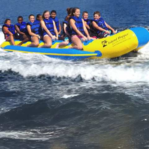 Island Hopper Elite Class Banana Taxi 12 Person Banana Boat With 12 Kids Having Fun Banana Boating