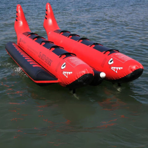 Island Hopper Elite Class Red Shark 10 Person Banana Boat Front View While Resting In Calm Water