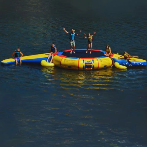 Island Hopper Gator 13 Water Park Kids Having Fun On Water Trampoline In Calm Water