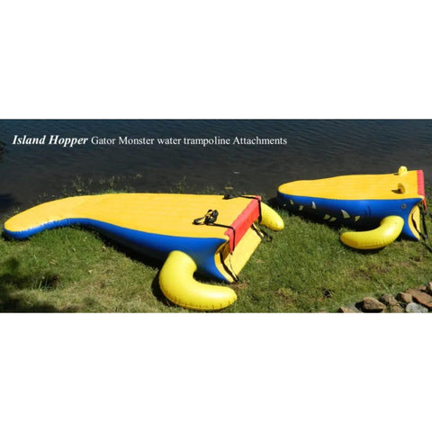 Island Hopper Gator 15 Water Park  Gator Head Slide And Gator Tail Slide Attachments Resting In Lake Shore