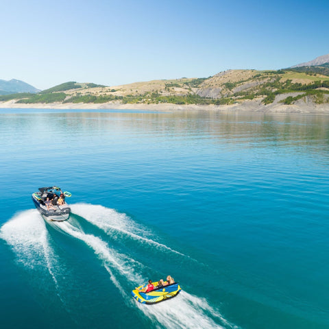 Just Fun 4 Person Towable Boat Towing While Riders Enjoying
