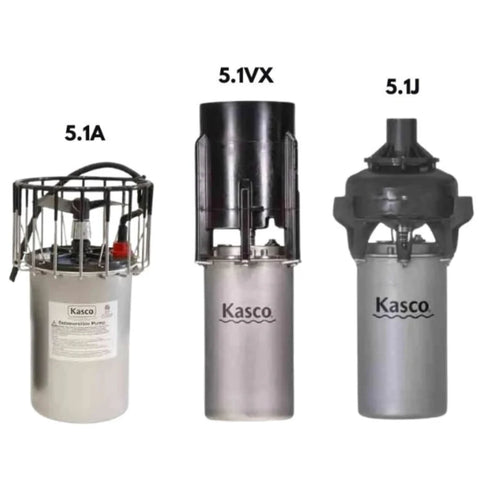 Kasco 5.1 Replacement Motor 5 HP 3 Models With Labels On White Background