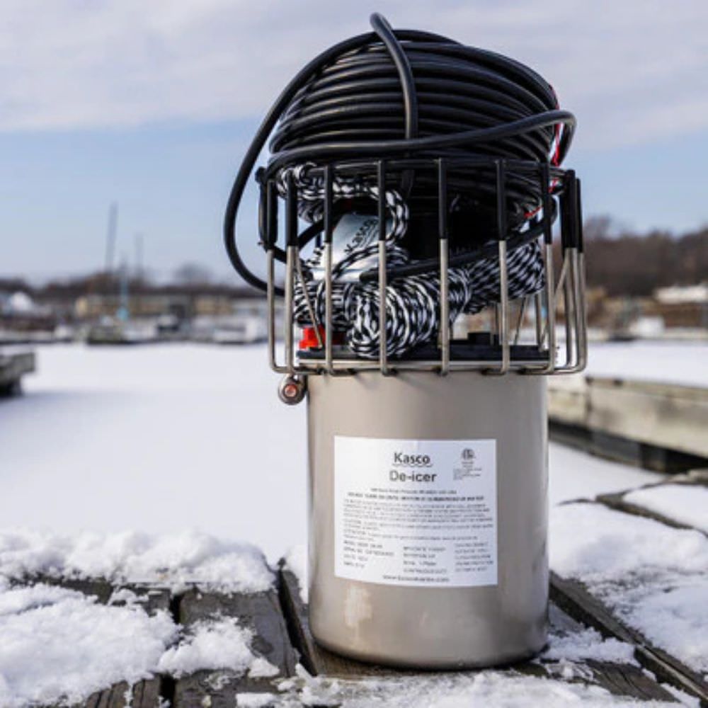 Kasco De-Icer Unit On A Snow Dock - Close Up View