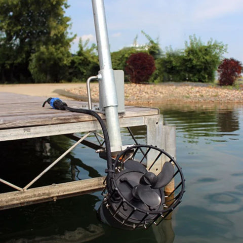 Kasco Industrial Mount Front View Mounted On A Wooden Dock Above Calm Water