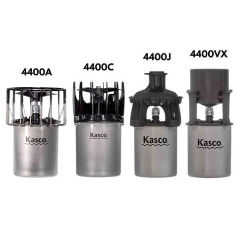 Kasco Marine 4400 Replacement Motor 1 HP Four Models Variants With Labels On White Background