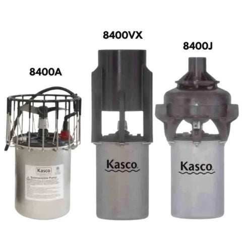 Kasco Marine 8400 Replacement Motor 2 HP Three Models With Labels On White Background