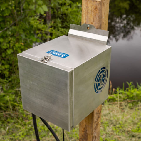 Kasco Marine Home Series Diffused Aeration System Cabinet Installed On A Wooden Support Post