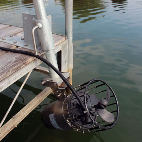 Kasco Marine Industrial Mount Slightly Angled Mounted On A Wooden Dock Above Calm Water