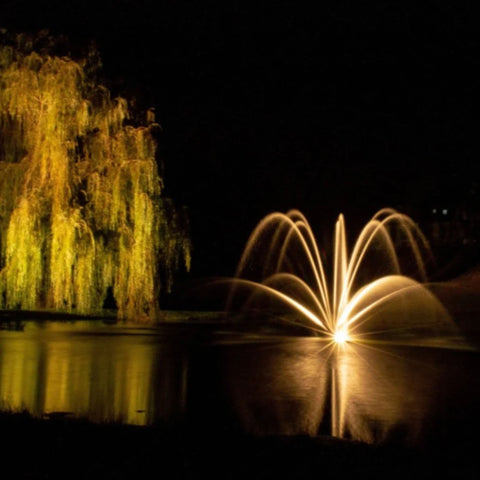Kasco Marine Magnolia Premium Fountain Nozzle With Water Reflections On A Calm Lake