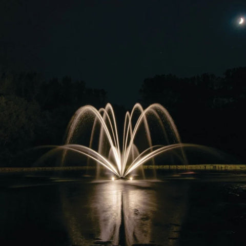 Kasco Marine Magnolia Premium Fountain Nozzle With Water Reflections On A Calm Late Night