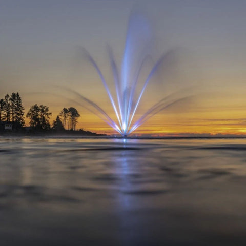Kasco Marine Mighty Oak Premium Fountain Nozzle Low-Angle Scenic View Beneath A Colorful Sunset Sky