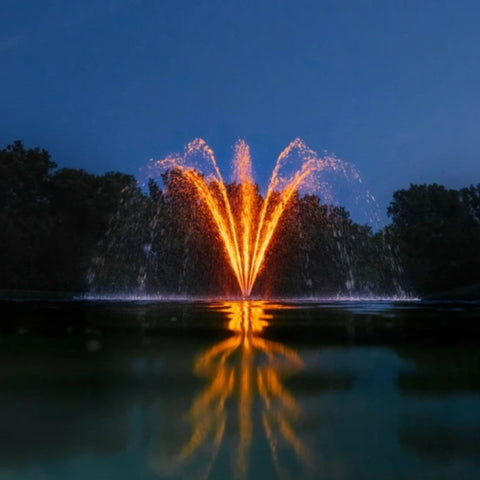 Kasco Marine Palm Premium Fountain Nozzle Water-Level View Beneath A Blue Night Sky With Water Reflection