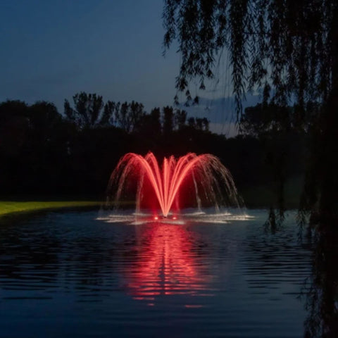 Kasco Palm Premium Fountain Nozzle Scenic View Of A Red-Illuminated Pond Fountain Reflected On A Calm Water At Night