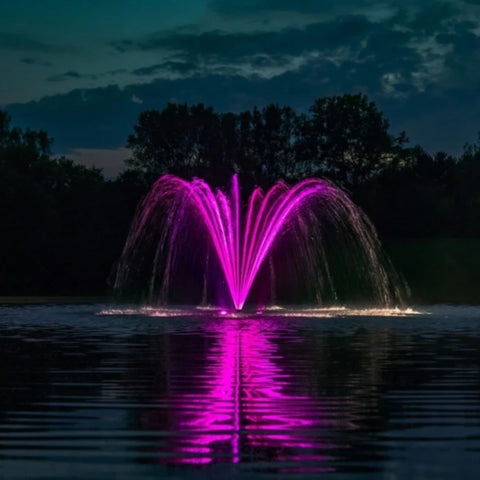 Kasco Palm Premium Fountain Nozzle Scenic Wide View Of A Purple-Illuminated Pond Fountain Reflected On A Calm Lake At Night