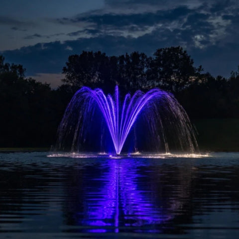 Kasco Palm Premium Fountain Nozzle With Reflection On Calm Water At Night