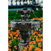 Lion Tiered Garden Fountain - Small Surrounded By Orange Flower