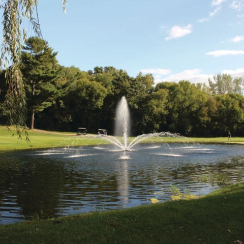Madrone Premium Fountain Nozzle Beneath A Clear Blue Sky And Surrounded By Lush Green Trees