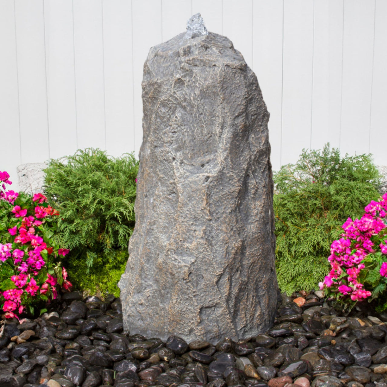 Matterhorn Outdoor Stone Fountain Large With White Wall And Plants Background