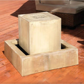 Minimalist Square Block Garden Water Feature With Wicker Sofa And Wooden Floor
