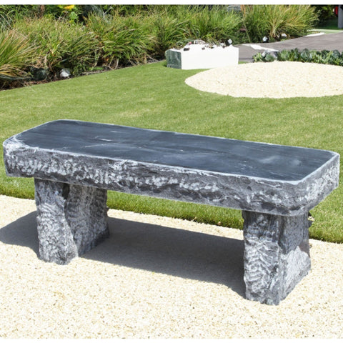 Mountain Wave Granite 48 Garden Bench Placed On Green Lawn And Decorative Gravel