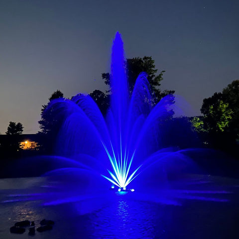 Outdoor Water Solutions Classic Series Electric Pond Fountain With Blue Lights On The Water