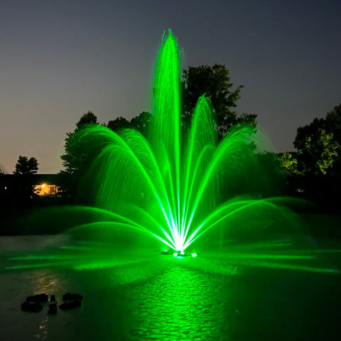Outdoor Water Solutions Classic Series Electric Pond Fountain With Green Lights On The Water