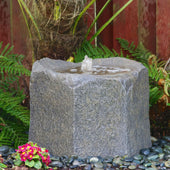 Outdoor Caldera Garden Fountain With Ferns And Wooden Wall Behind