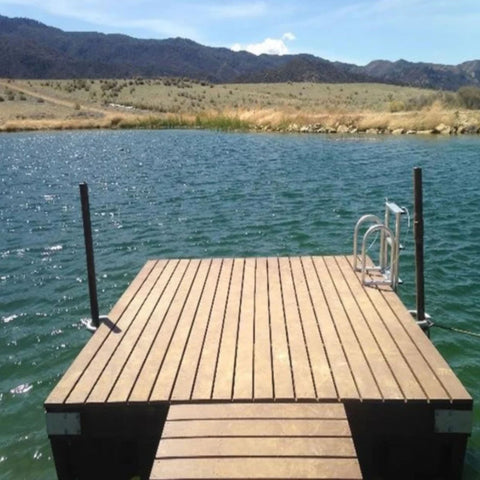 Outdoor Water Solutions 4Ft x 8Ft Gangway Detailed View With Swim Ladder Over Clear Water And Mountain View