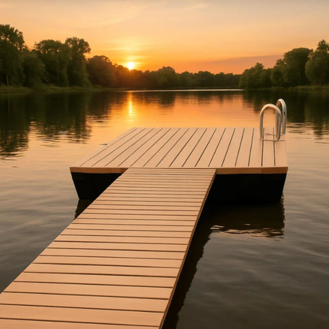 Outdoor Water Solutions 4Ft x 8Ft Gangway With Swim Ladder On Calm Lake With Beautiful Sunset Background