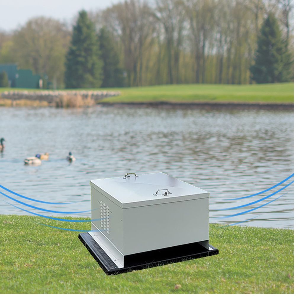 Outdoor Water Solutions NightAir™ Battery Back Up Solar Aerator Dual Fans Near Water