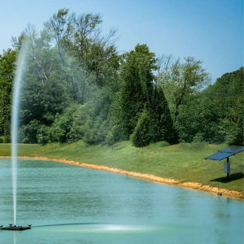 Outdoor Water Solutions Palatial Display Solar Pond Fountain On The Water With Trees In The Background