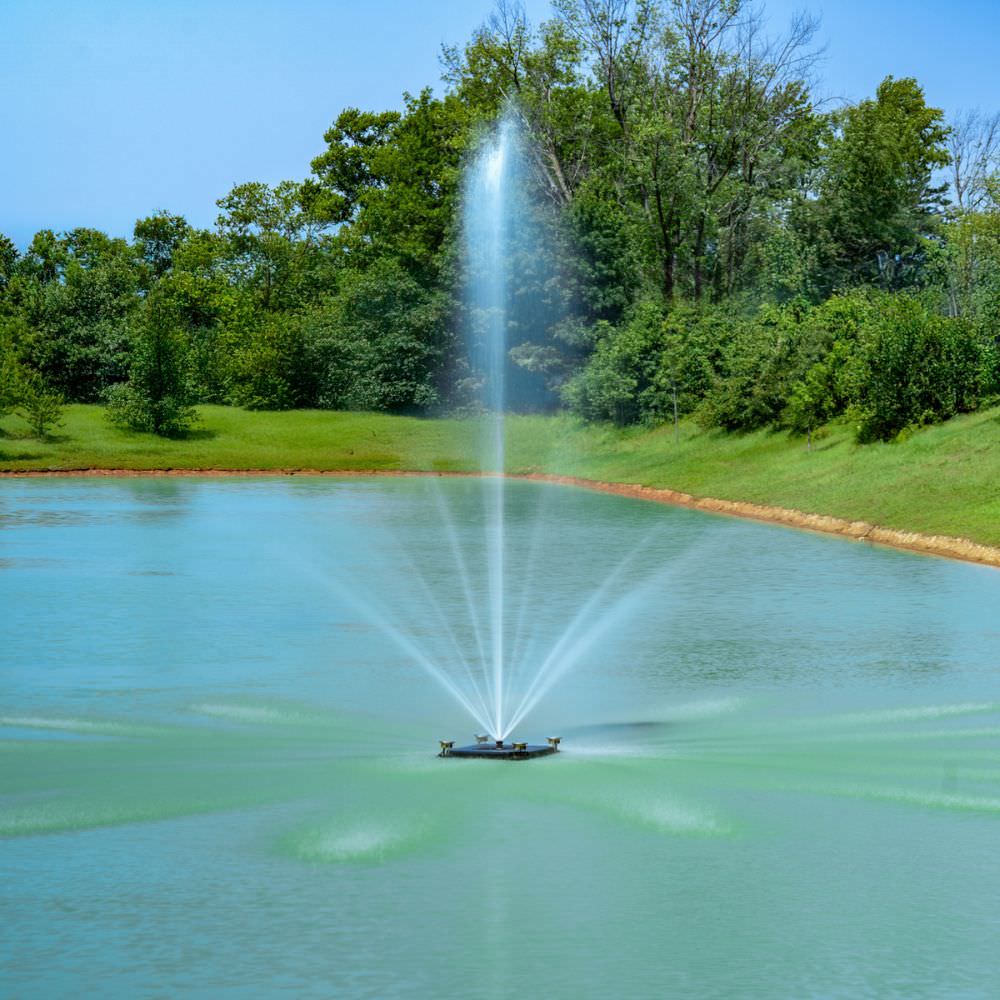 Outdoor Water Solutions Palatial Display Solar Pond Fountain With Equinox Spray Pattern On The Water