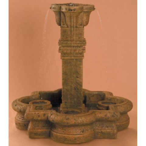 Plinth Column Garden Fountain in Quatrefoil Basin - Small With Dark Background