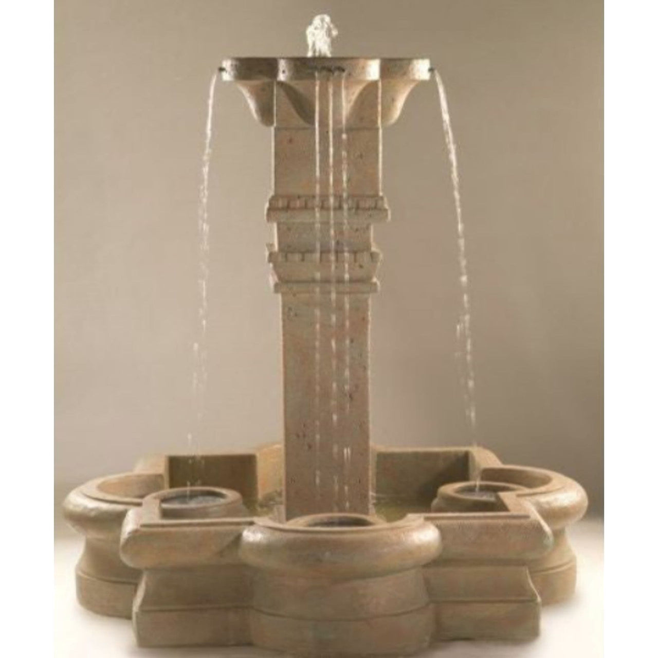 Plinth Column Outdoor Water Fountain in Quatrefoil Basin With Beige Background
